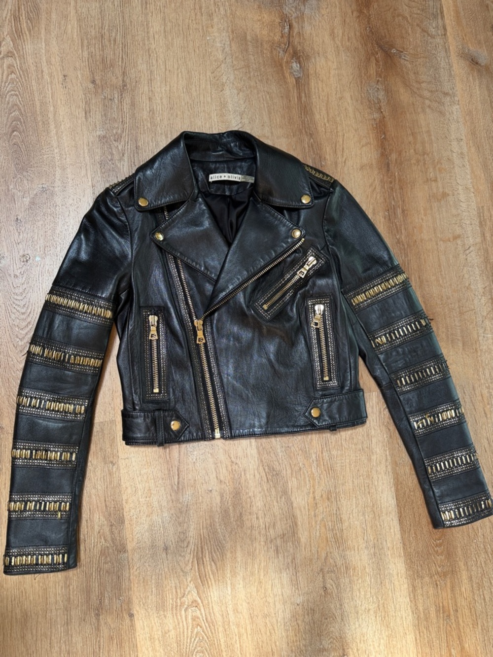 Alice + Olivia Black Leather Moto Jacket with Gold Accent Trim